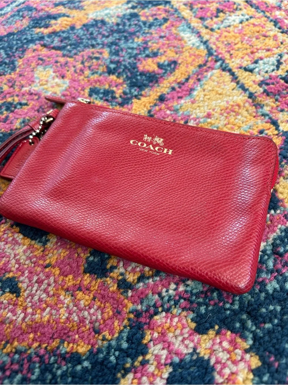Coach | Women’s Red Leather Top Zip Wristlet Wallet Gold Logo Red Hand Tag OS